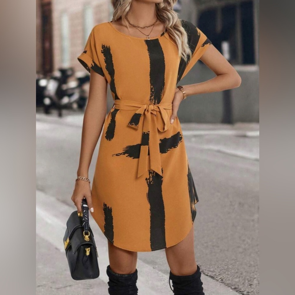 Burnt Orange Brush-Stripe Midi Dress with Tie Belt